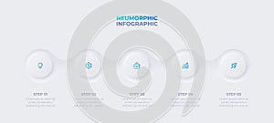 Infographic in neumorphism style. Business concept with 5 options. Timeline development process