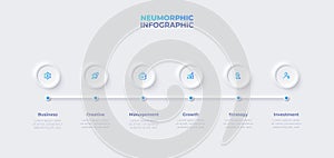 Infographic in neumorphism style. Business concept with 6 options or steps. Timeline development process