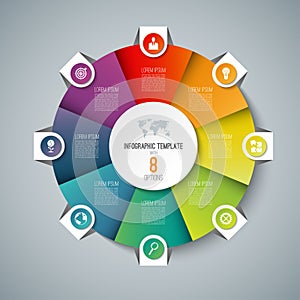 Infographic pie chart circle template with 8 options.