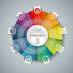 Infographic pie chart circle template with 9 options.