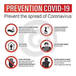 Infographic of prevention coronavirus banner template. Wash hands, avoid touching face, disinfect and stay home