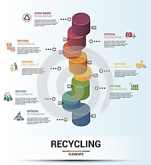 Infographic Recycling template. Icons in different colors. Include Recycling, Trash Container, Burnable Trash, Oversized
