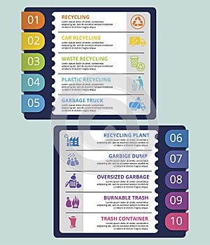 Infographic Recycling template. Icons in different colors. Include Recycling, Trash Container, Burnable Trash, Oversized