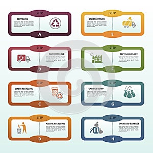 Infographic Recycling template. Icons in different colors. Include Recycling, Trash Container, Burnable Trash, Oversized Garbage