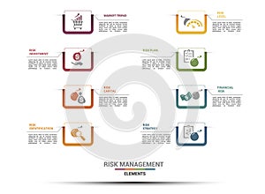Infographic Risk Management template. Icons in different colors. Include Market Trend, Risk Investment, Capital, Identification