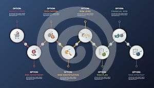 Infographic Risk Management template. Icons in different colors. Include Market Trend, Risk Investment, Capital, Identification