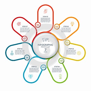 Infographic round chart with 7 steps, parts, options, processes. Vector cycle diagram with thin line icons.