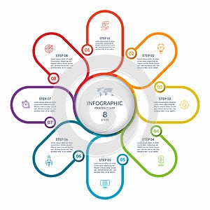 Infographic round chart with 8 steps, parts, options, processes. Vector cycle diagram with thin line icons.