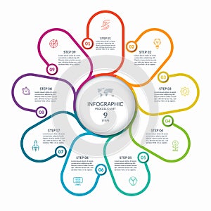 Infographic round chart with 9 steps, parts, options, processes. Vector cycle diagram with thin line icons.