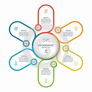 Infographic round chart with 6 steps, parts, options, processes. Vector cycle diagram with thin line icons. photo