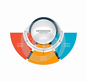 Infographic semi circular chart divided into 3 parts. Step-by step diagram with three options.