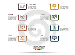 Infographic Social Media template. Icons in different colors. Include Like, Audience, Boosted Post, Feed and others