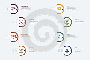 Infographic Social Media template. Icons in different colors. Include Like, Audience, Boosted Post, Feed and others