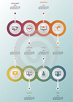 Infographic Social Media template. Icons in different colors. Include Like, Audience, Boosted Post, Feed and others