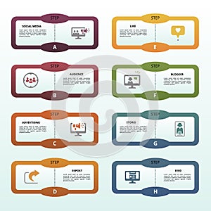 Infographic Social Media template. Icons in different colors. Include Like, Audience, Boosted Post, Feed and others