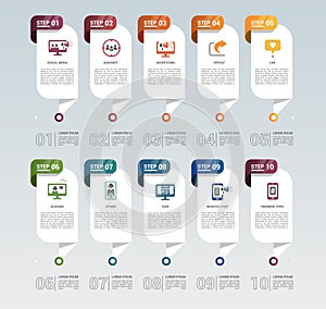 Infographic Social Media template. Icons in different colors. Include Like, Audience, Boosted Post, Feed and others photo