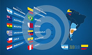 Infographic for South America football tournament 2020 with flag of participants sorted by group