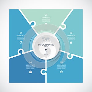 Infographic square template in puzzle style. Vector cycle diagram with 5 parts, options.