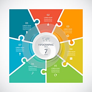 Infographic square template in puzzle style. Vector cycle diagram with 7 parts, options.