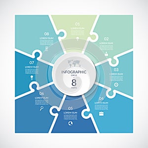 Infographic square template in puzzle style. Vector cycle diagram with 8 parts, options. photo