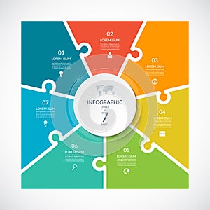 Infographic square template in puzzle style. Vector cycle diagram with 7 parts, options. photo