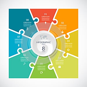 Infographic square template in puzzle style. Vector cycle diagram with 8 parts, options. photo