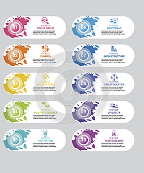 Infographic Team Building icons vector illustration. 10 colored steps info template with editable text.