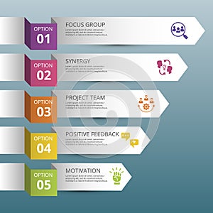 Infographic Team Building icons vector illustration. 5 colored steps info template with editable text.