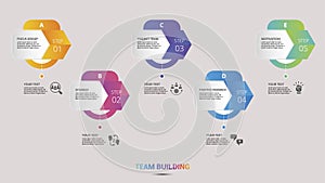 Infographic Team Building icons vector illustration. 5 colored steps info template with editable text.