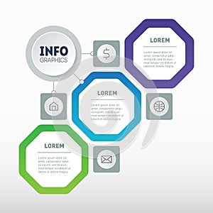 Infographic of technology or education process with three steps. Octagons. Slide or brochure design. Business presentation, info