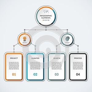 Infographic template with 2 option circles and 4 columns.