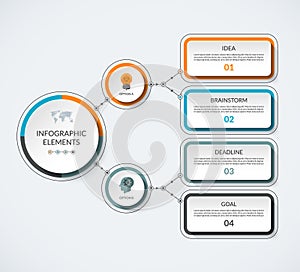 Infographic template with 2 option circles and 4 tabs