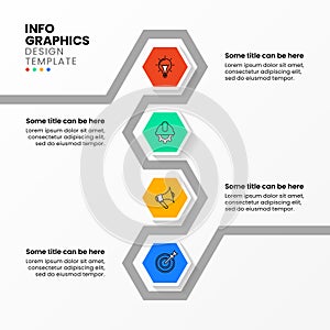 Infographic template. 4 hexagons with vertical line and icons