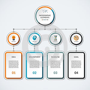 Infographic template with 4 option circles and columns.