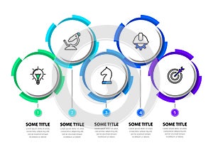 Infographic template. 5 connected gears in a row with icons