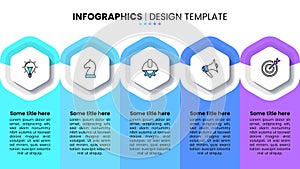 Infographic template. 5 hexagons with icons and text