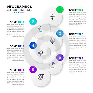 Infographic template. 6 bubbles with icons and text