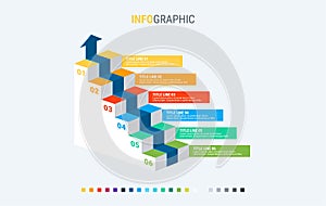 Infographic template. 6 colorful options. Stairs infographic. Design with beautiful colors. Vector timeline elements for presentat