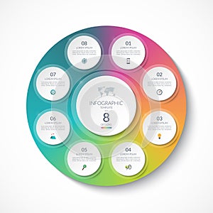 Infographic template with 8 circles, options, steps, parts.