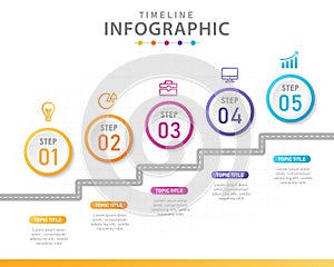 Infographic template for business. 5 Steps Modern Timeline diagram with Road journey concept. presentation vector infographic