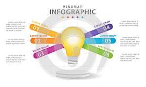 Infographic 6 Steps Modern Mindmap diagram with light bulb, presentation  infographic