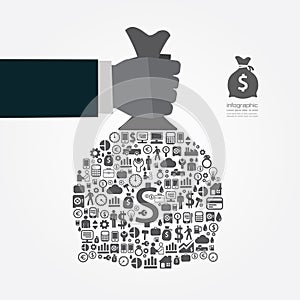 Infographic Template with businessman hand hold money bag icons