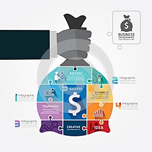 Infographic Template with businessman hand hold money bag jigsaw