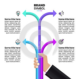 Infographic template. Businessman\'s hand with 4 arrows