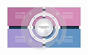 Infographic template with a circle and 4 rectangular parts, elements. Diagram or chart with four options.