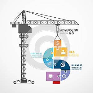 Infographic Template with construction tower crane jigsaw banner