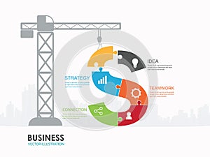 Infographic Template with construction tower crane jigsaw banner.