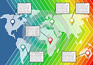 Infographic template with contours of the continents on rainbow abstract background, marker elements and copy space
