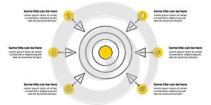 Infographic template. Dartboard with 6 steps and yellow color