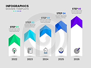 Infographic template with icons and 5 options or steps. Staircase concept